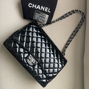 Authentic Chanel Patent Quilted Maxi Double Flap Black